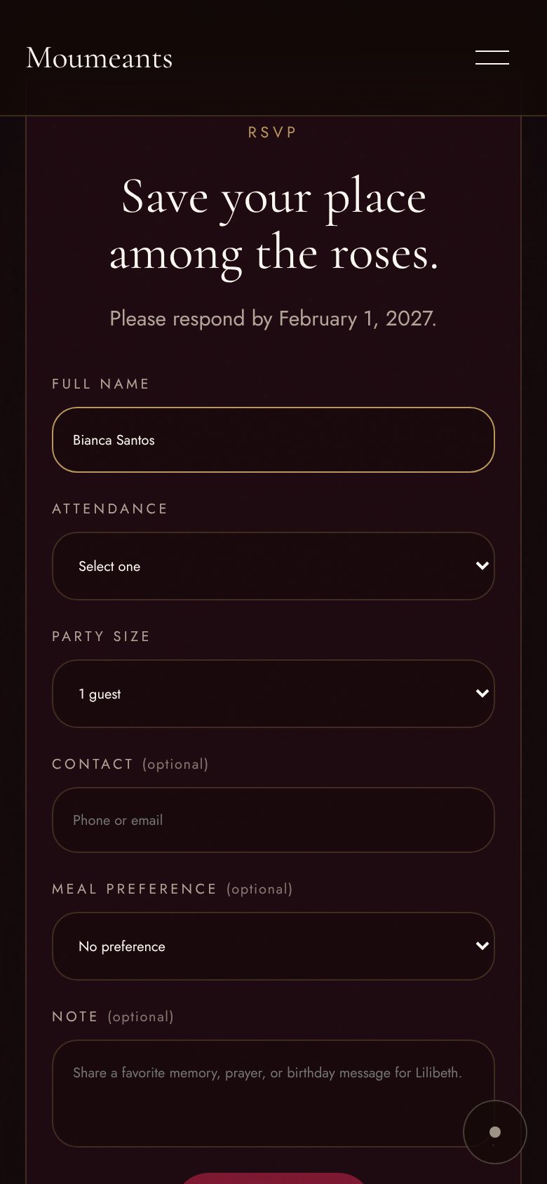 RSVP form inside the invitation